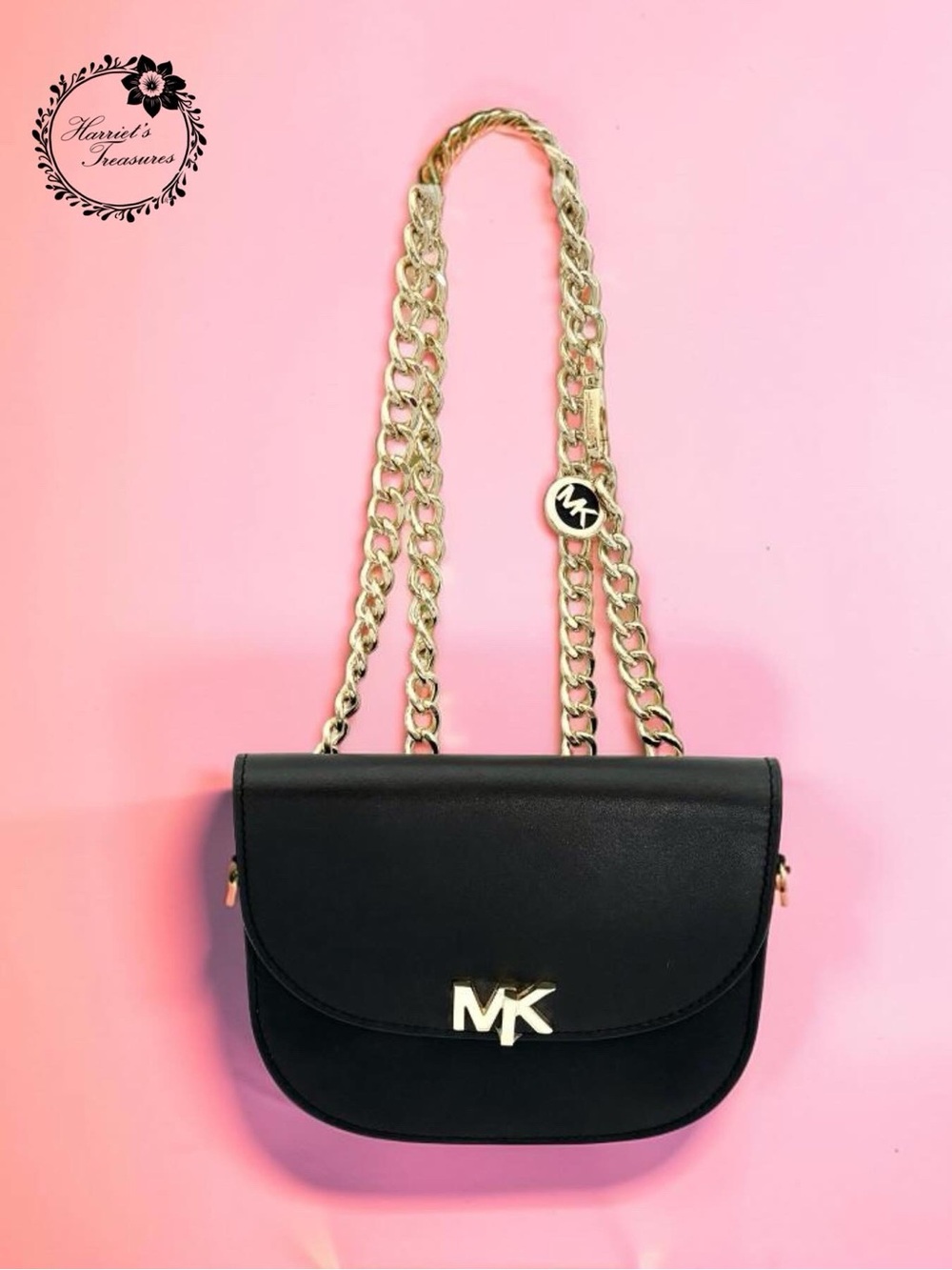 Michael Kors Black Leather Crossbody with Gold Chain